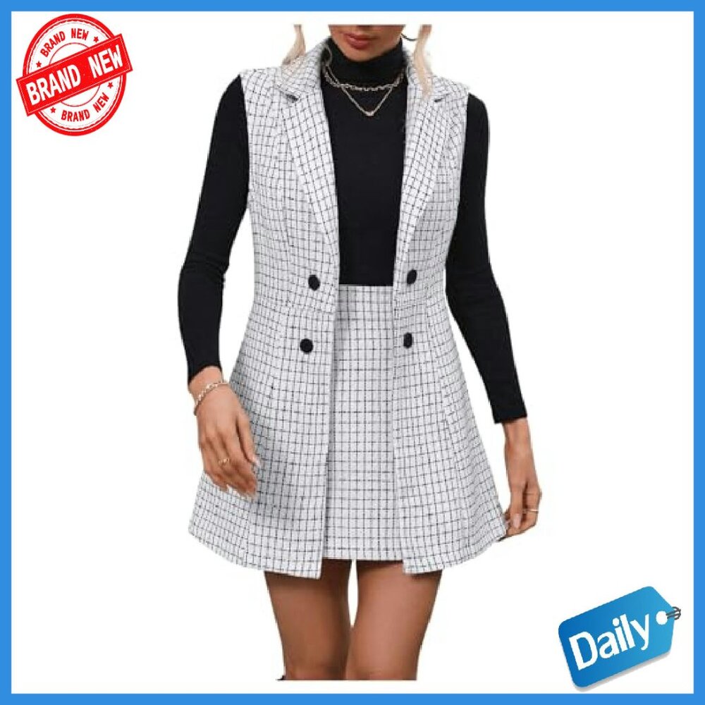 Women's Plaid Vest Blazer Skirt Set Workwear Office Business Casual - Picture 7 of 8
